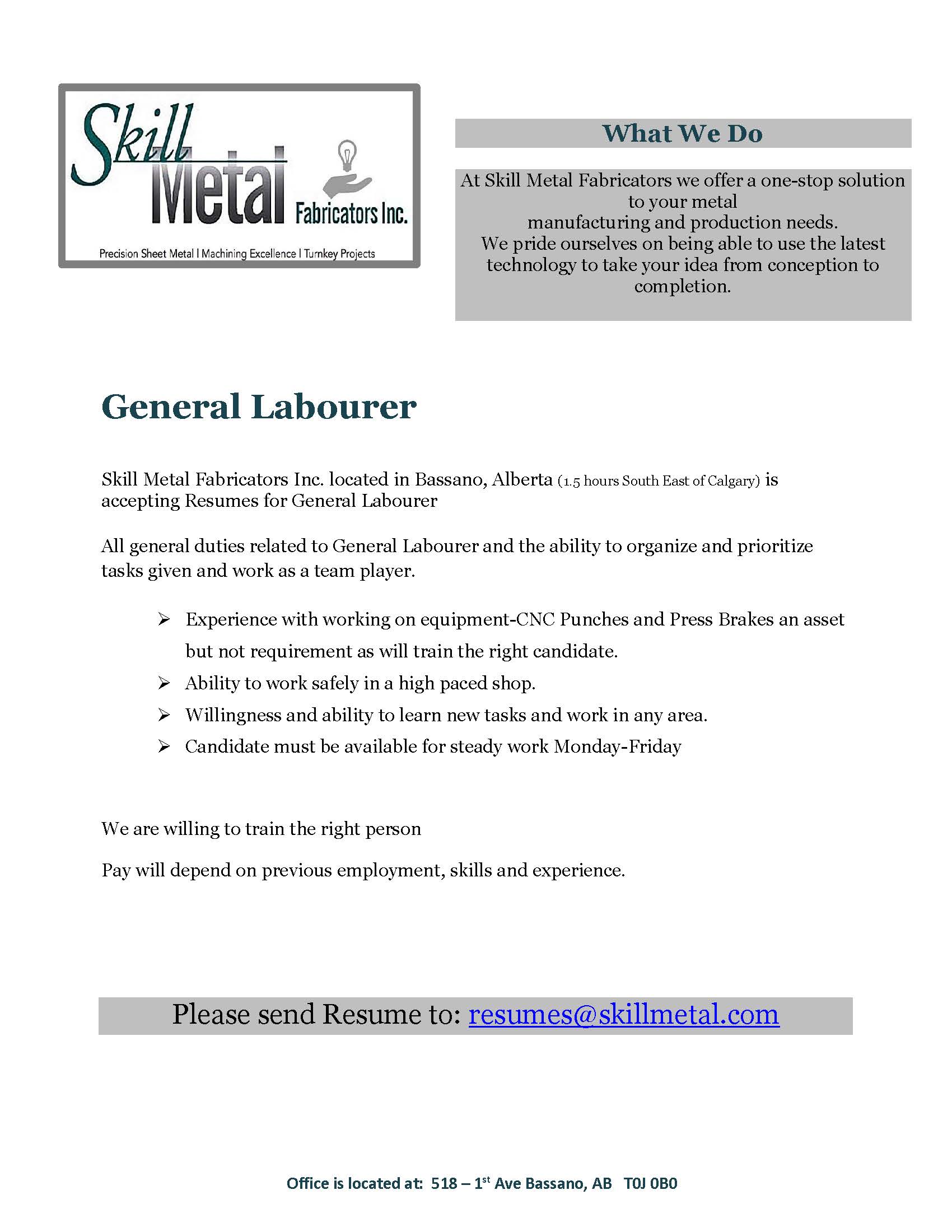 Help Wanted - General Labourer Skill Metal Fabricators 2022 (002)